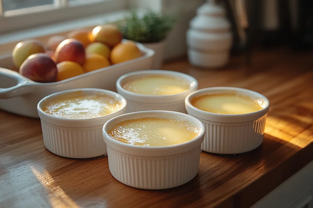 Ramekins filled with custard placed in a water bath inside a baking dish