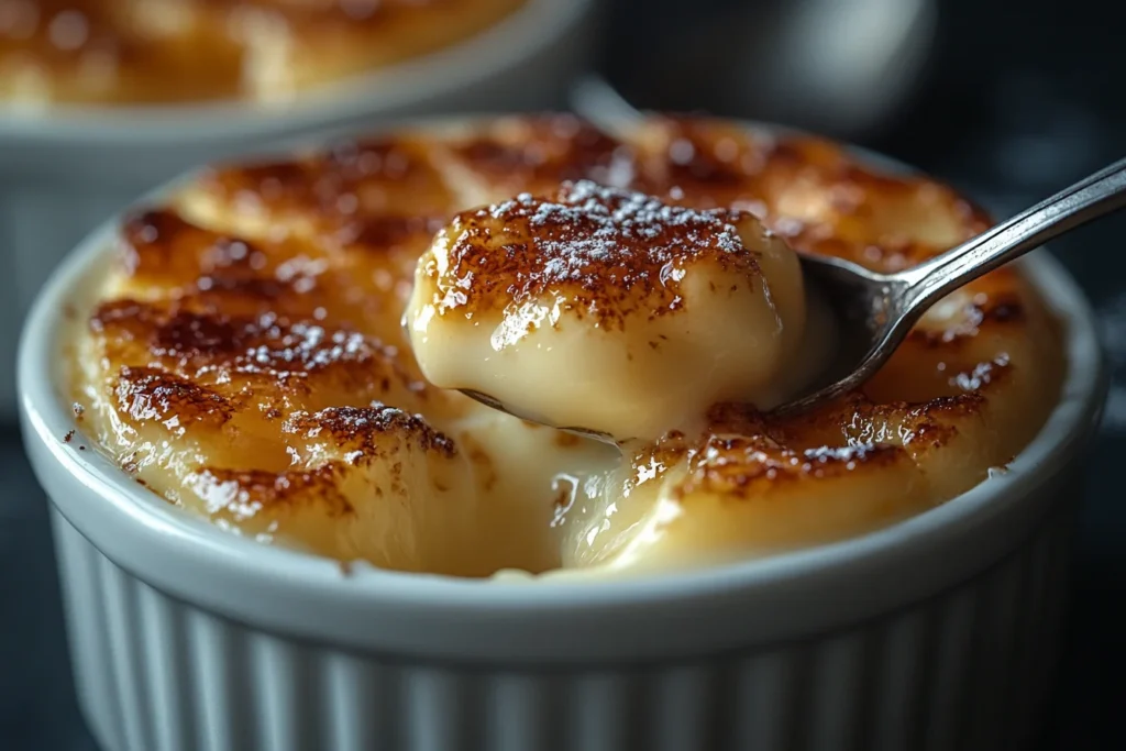 A close-up of a spoon lifting creamy custard from a crème brûlée with a caramelized sugar crust in a white ramekin