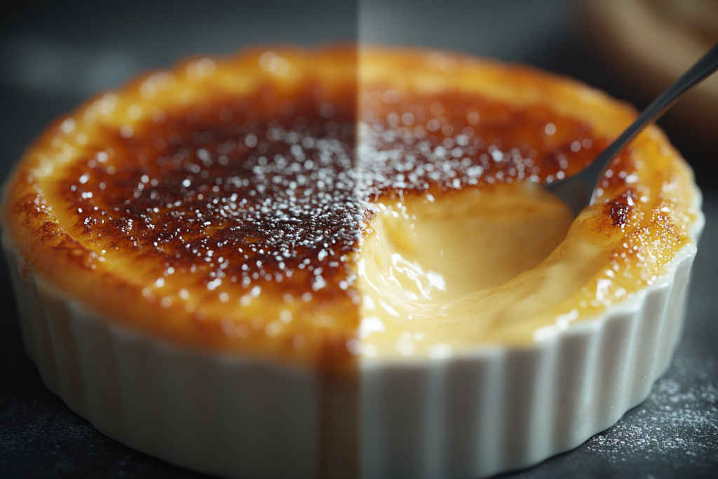 A split view of a crème brûlée with one half showing the intact caramelized sugar crust and the other half revealing creamy custard beneath as a spoon scoops it