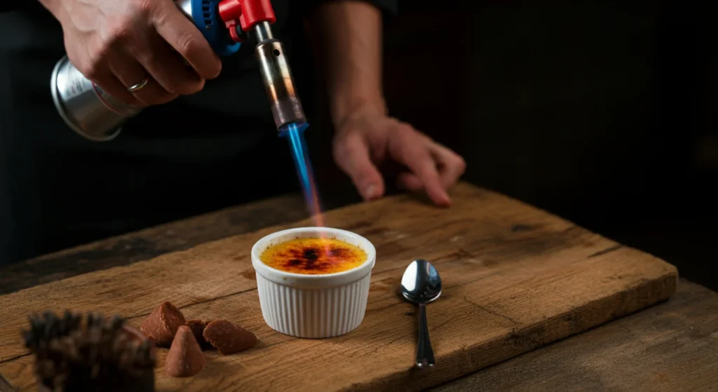 Caramelizing the sugar topping of crème brûlée