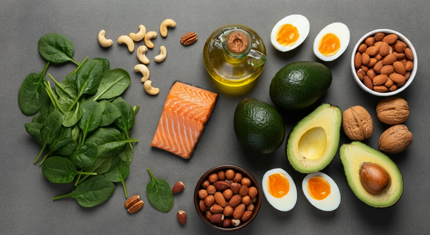 Overview of the ketogenic diet with healthy low-carb foods like vegetables, avocados, and eggs