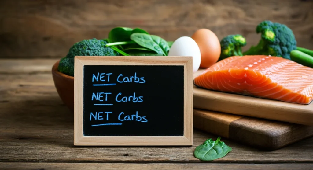 A table listing net carbs in common keto foods like spinach and eggs