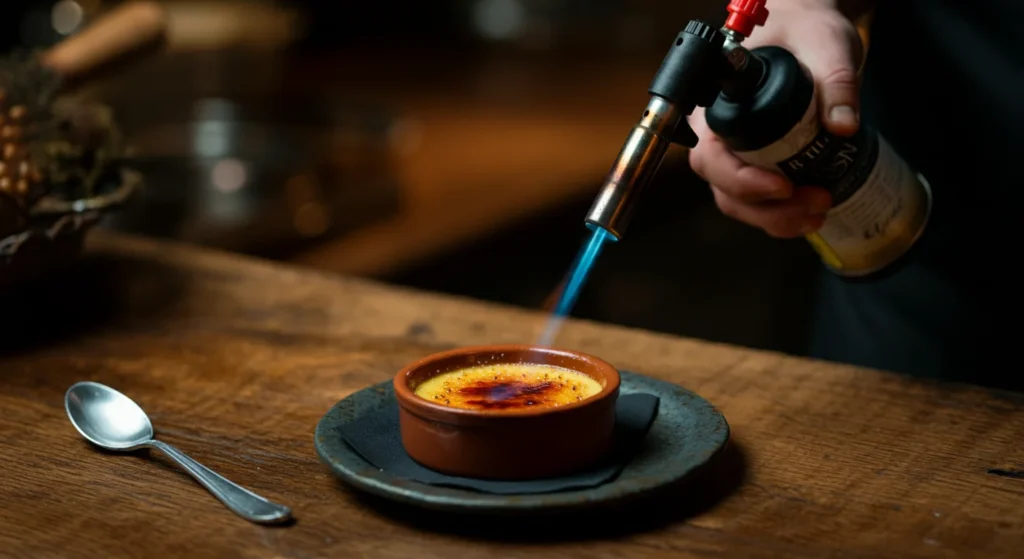 A blowtorch caramelizing sugar on top of a crème brûlée ramekin