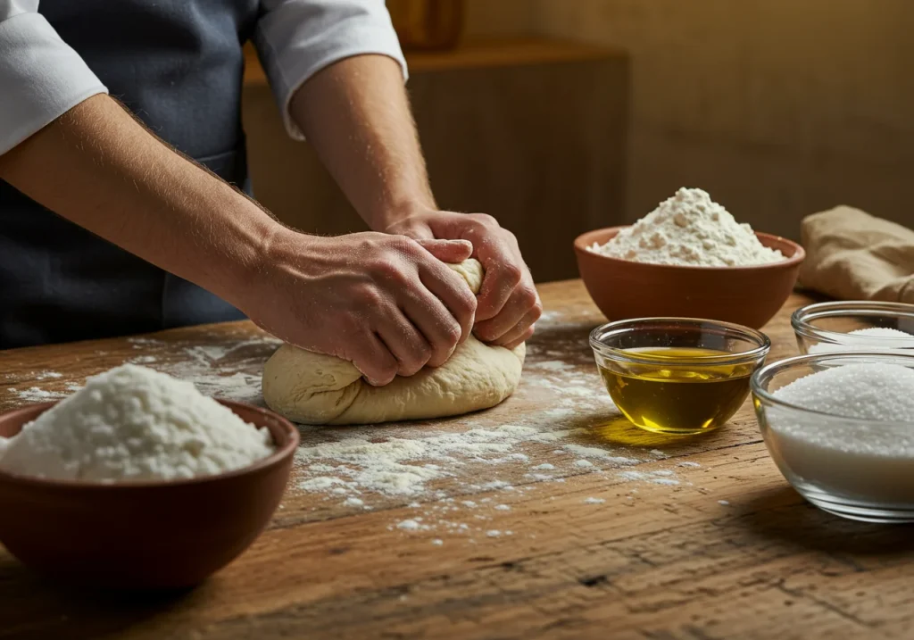 Preparing Cuban pizza dough