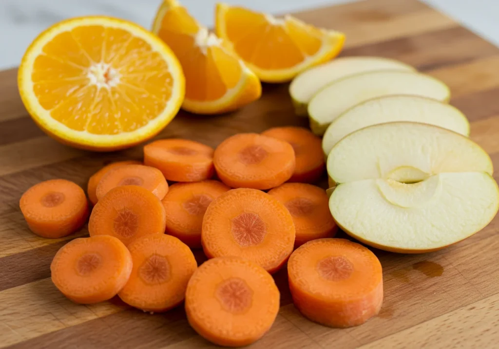 Sliced carrots paired with orange and apple wedges, highlighting what fruits pair with carrots