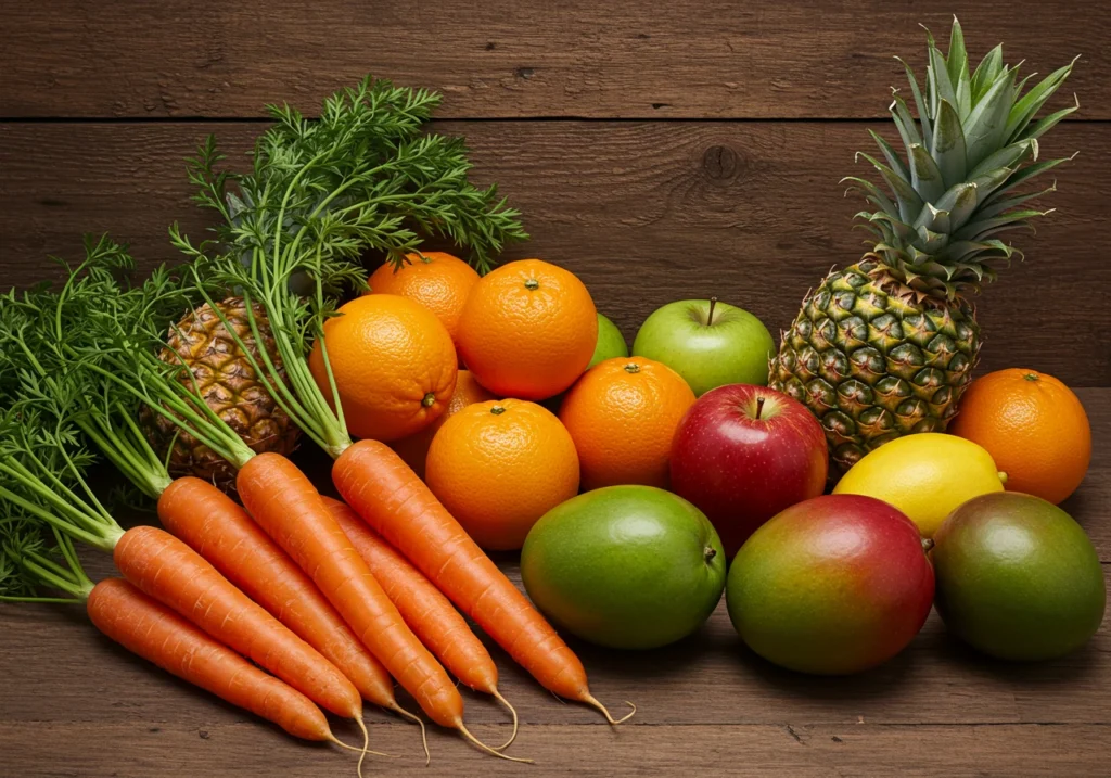 A vibrant assortment of carrots paired with various fruits