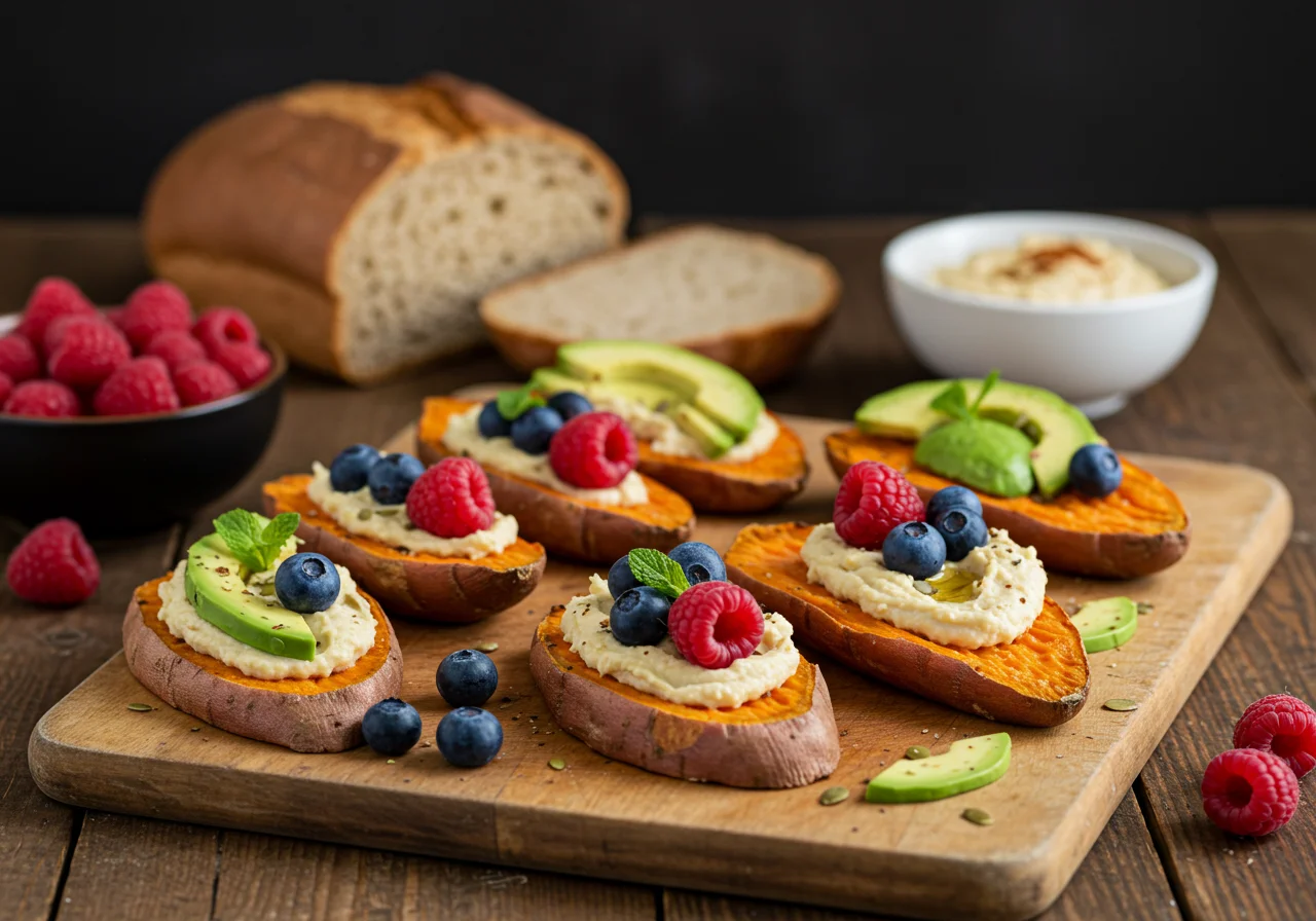 Roasted sweet potato slices with toppings as a bread alternative