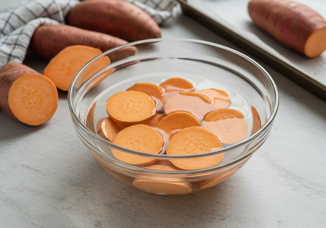 Sliced sweet potatoes soaking in a bowl of water