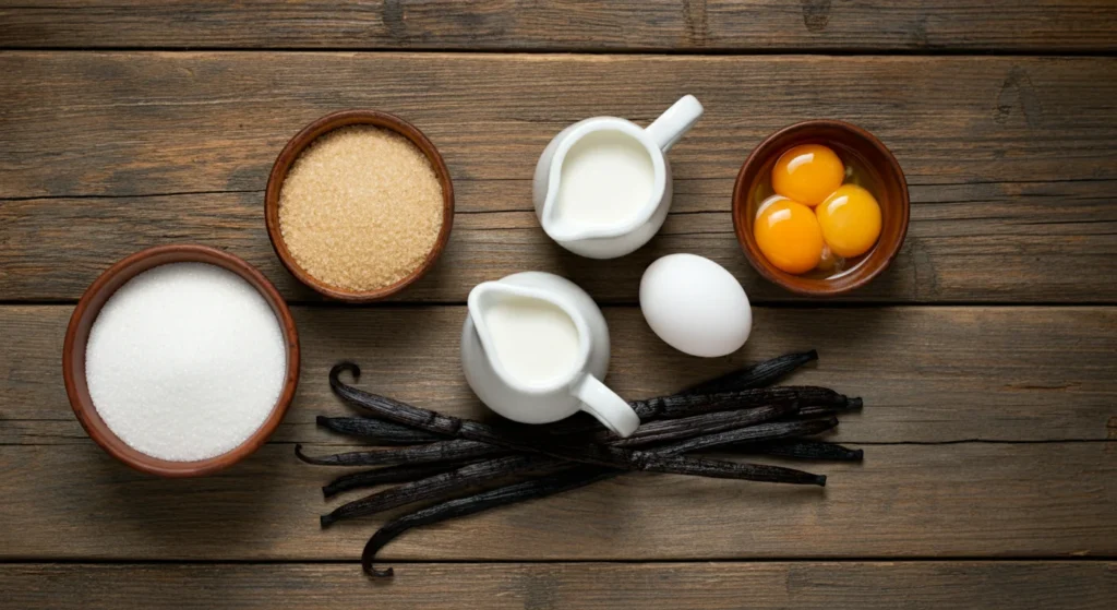 Ingredients of crème brûlée including cream, vanilla, and sugar