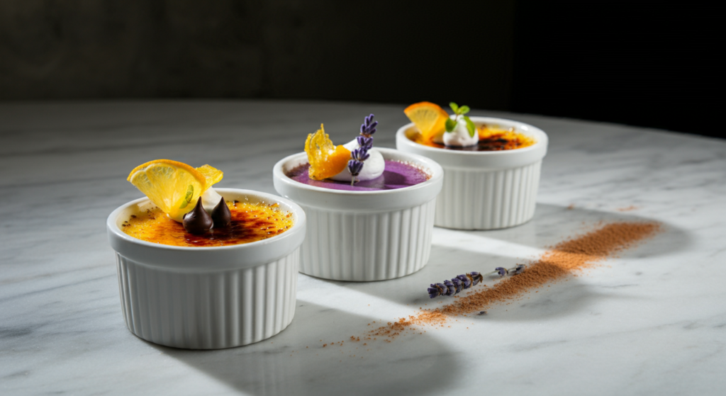 Assorted crème brûlée variations with chocolate, lavender, and citrus flavors