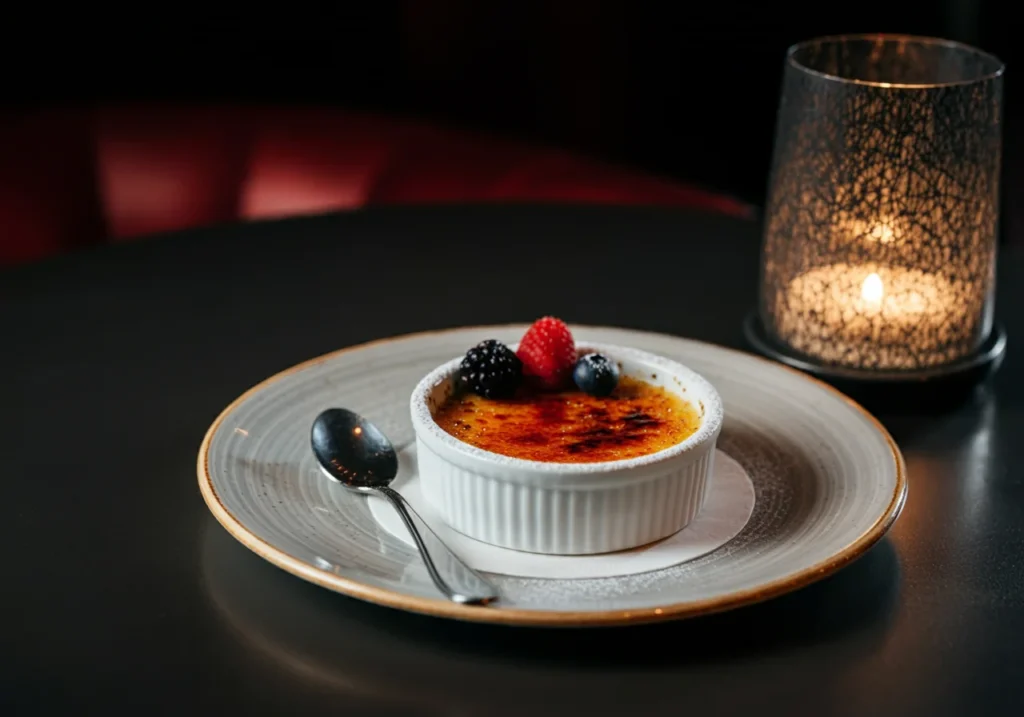 Crème brûlée paired with fresh berries