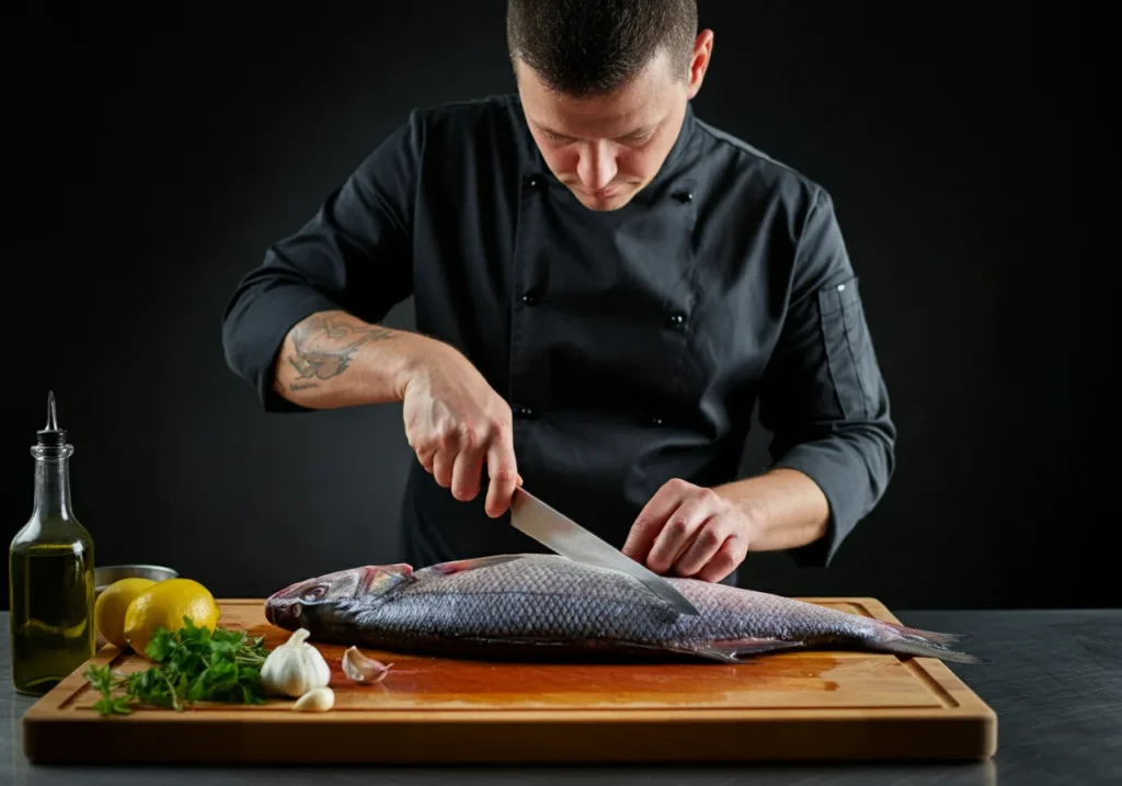 Chef preparing fish by scoring its skin with a knife