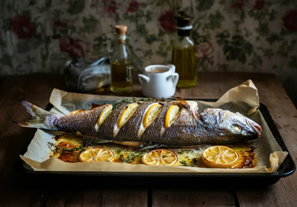 Oven-baked branzino with lemons and herbs on a baking tray