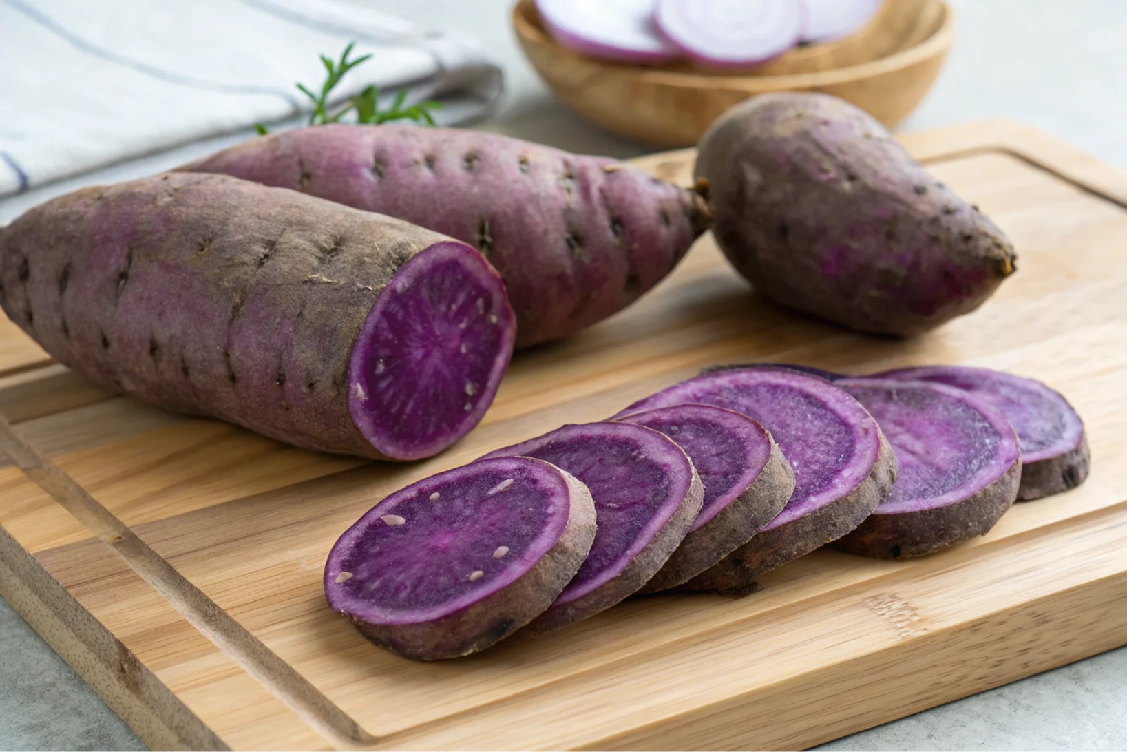 Whole and sliced purple sweet potatoes with skin