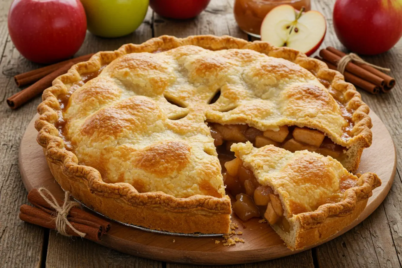 Rustic apple pie with golden crust and apple pie filling