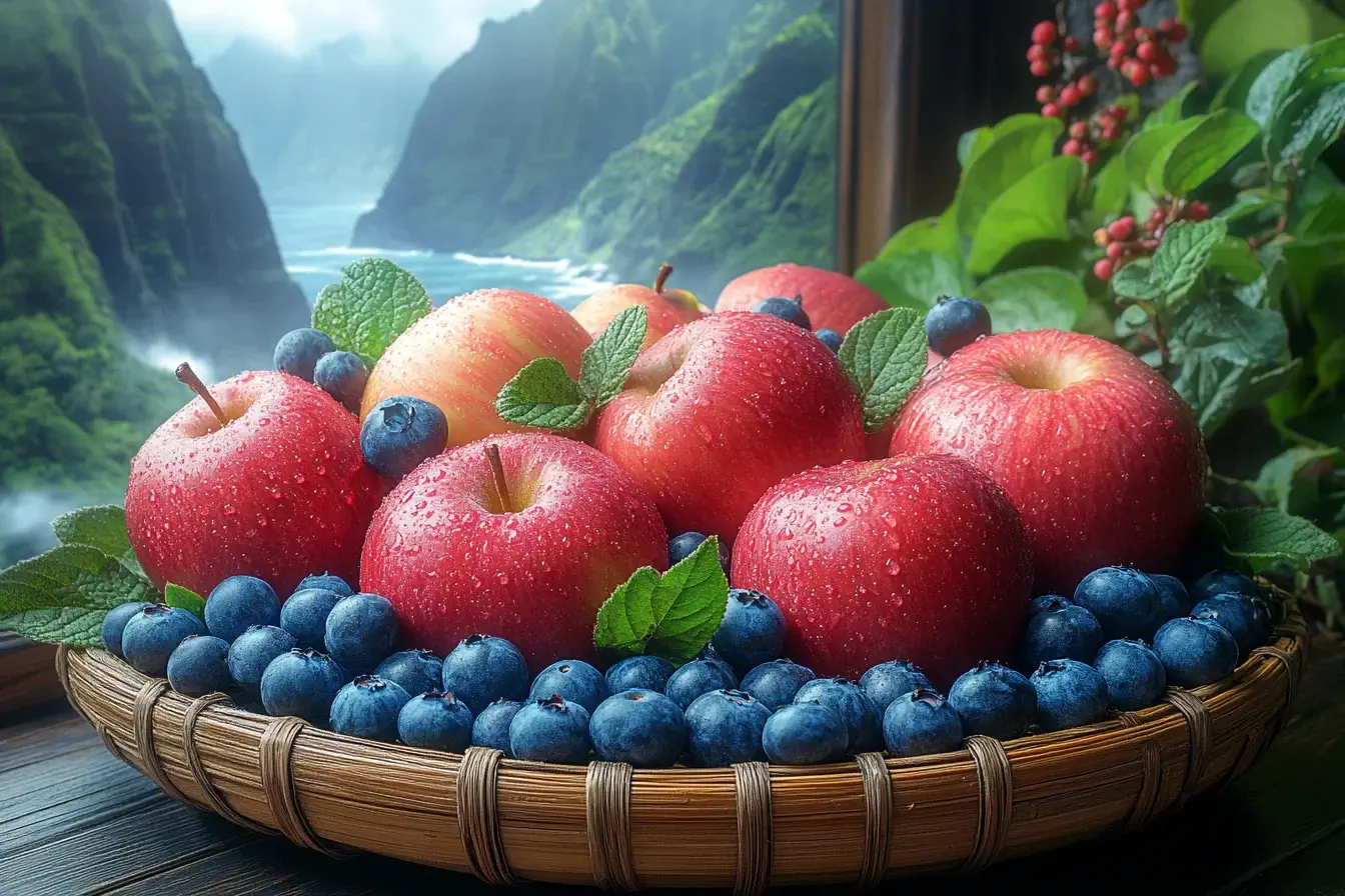 Fresh apples and blueberries on a rustic wooden table.