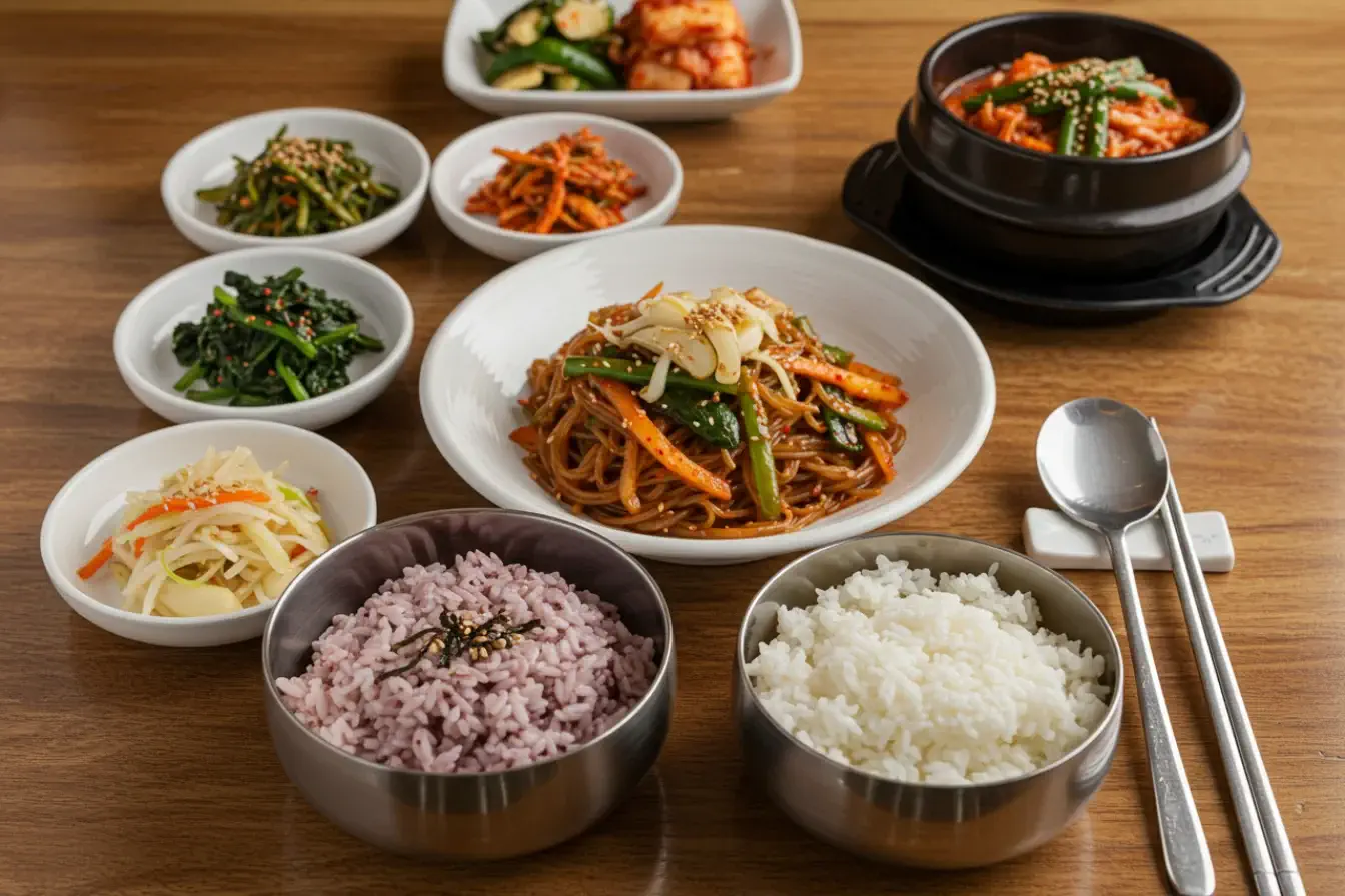 What is Basi Korean food? A traditional Korean meal with colorful banchan, japchae, rice, and kimchi on a wooden table.