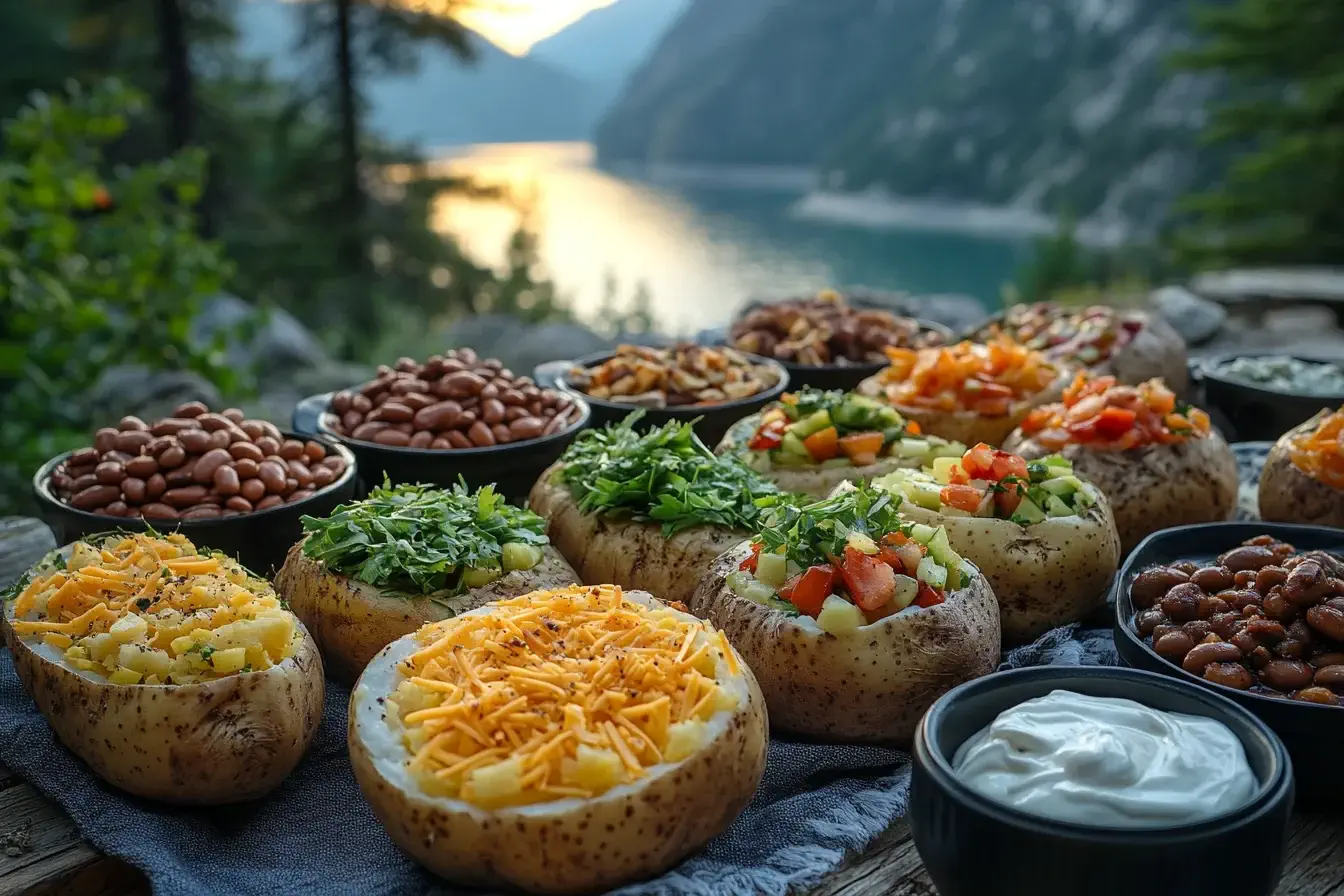 Baked potato bar with colorful toppings and sides