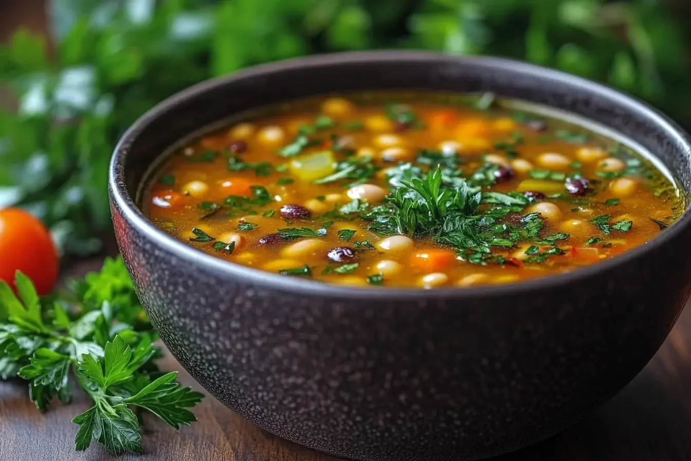 A bowl of black-eyed peas in golden vegetable broth garnished with fresh herbs