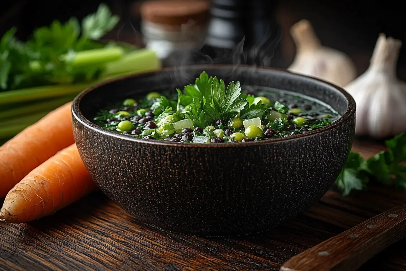 Bowl of black peas soup garnished with parsley