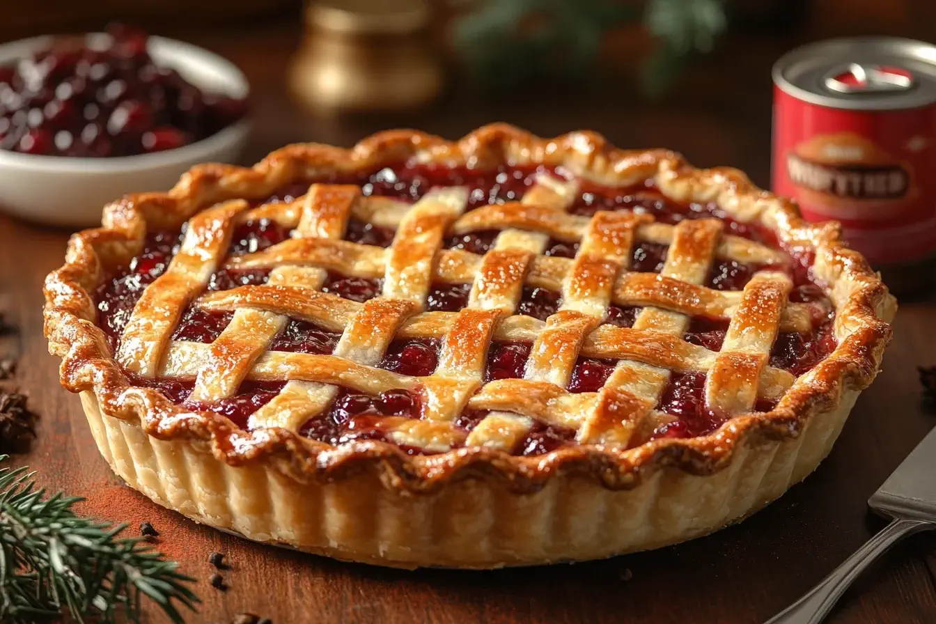 A freshly baked cherry pie with canned pie filling and spices