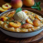 Golden peach cobbler served in a bowl with vanilla ice cream melting on top, garnished with fresh mint leaves and surrounded by peach slices