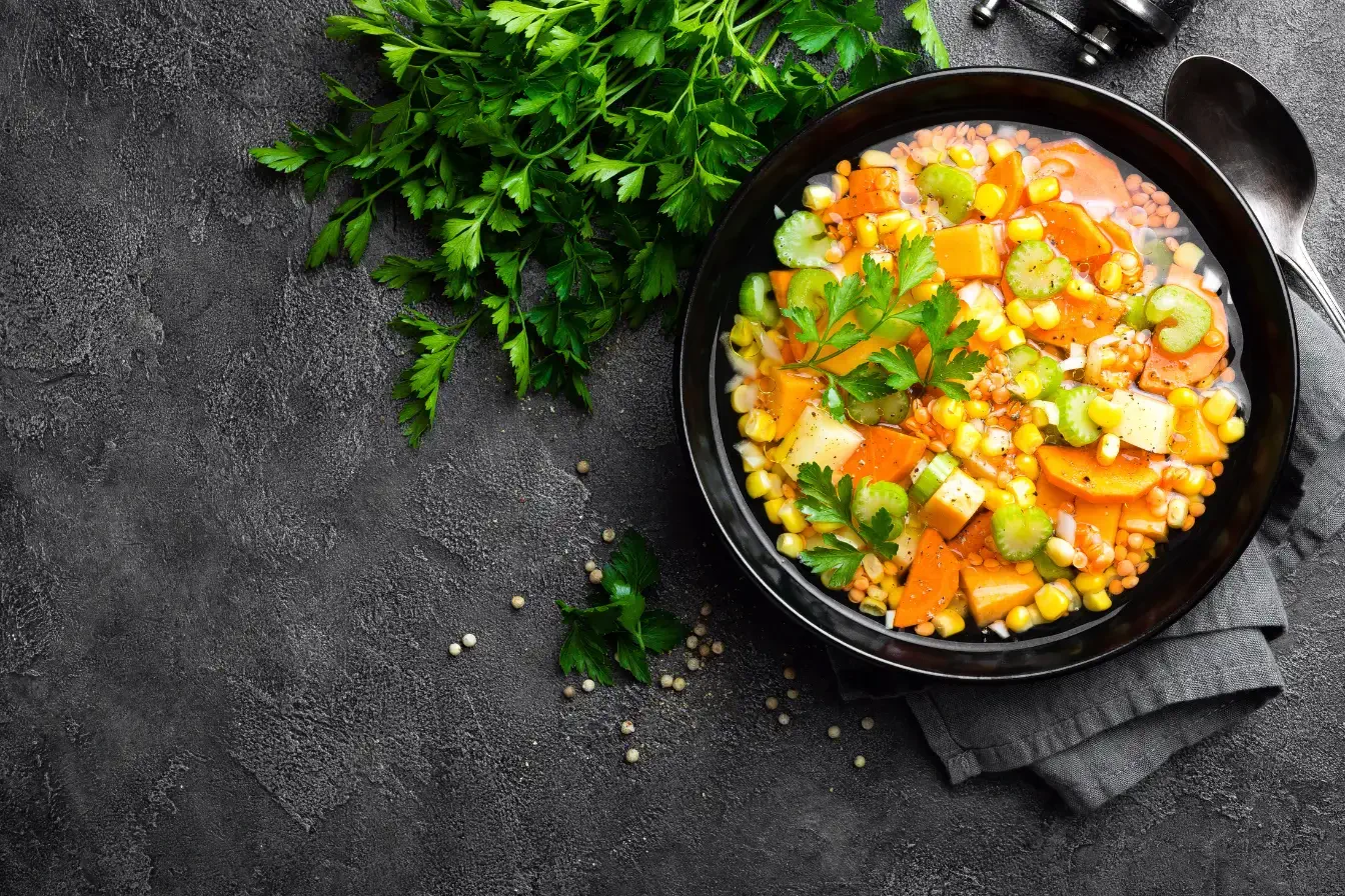 Steaming bowl of vegetable soup with fresh ingredients