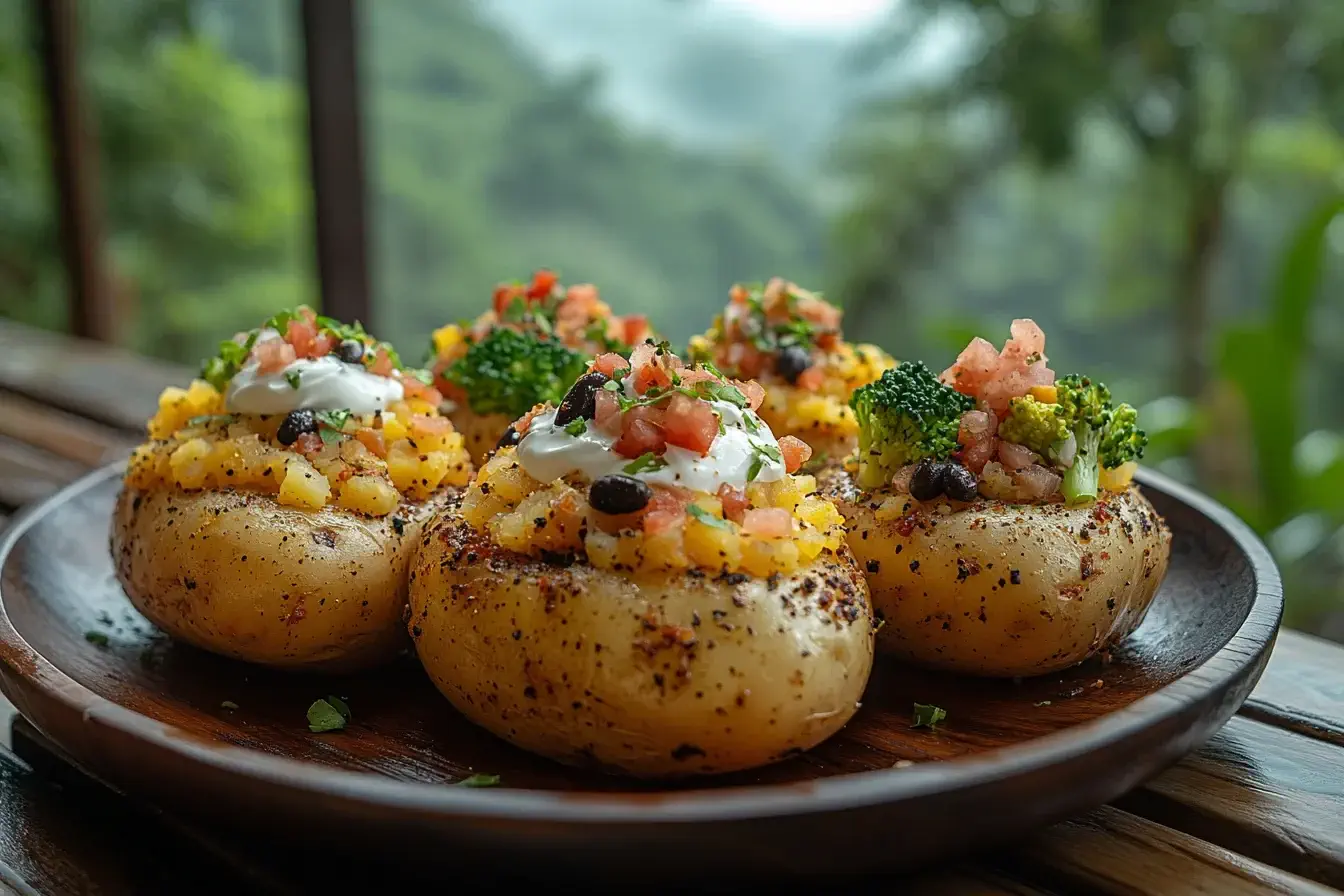 Baked potato bar with colorful toppings in a rustic kitchen