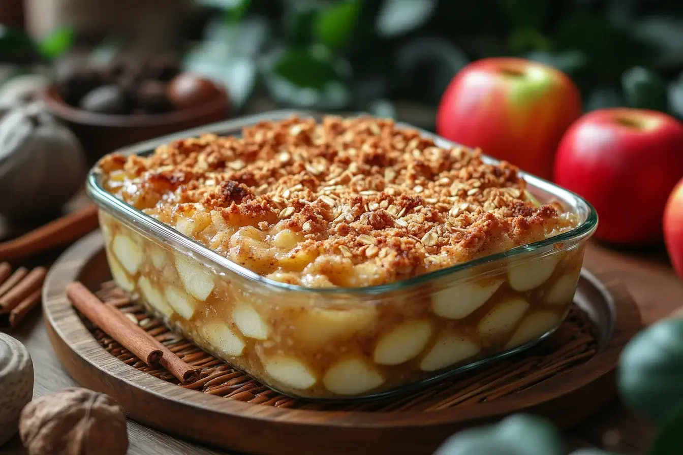 Apple crisp with oat and nut topping in a glass dish