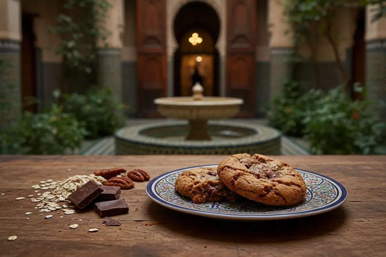 Close-up of a crispy and chewy chookie cookie with chocolate chunks and oats