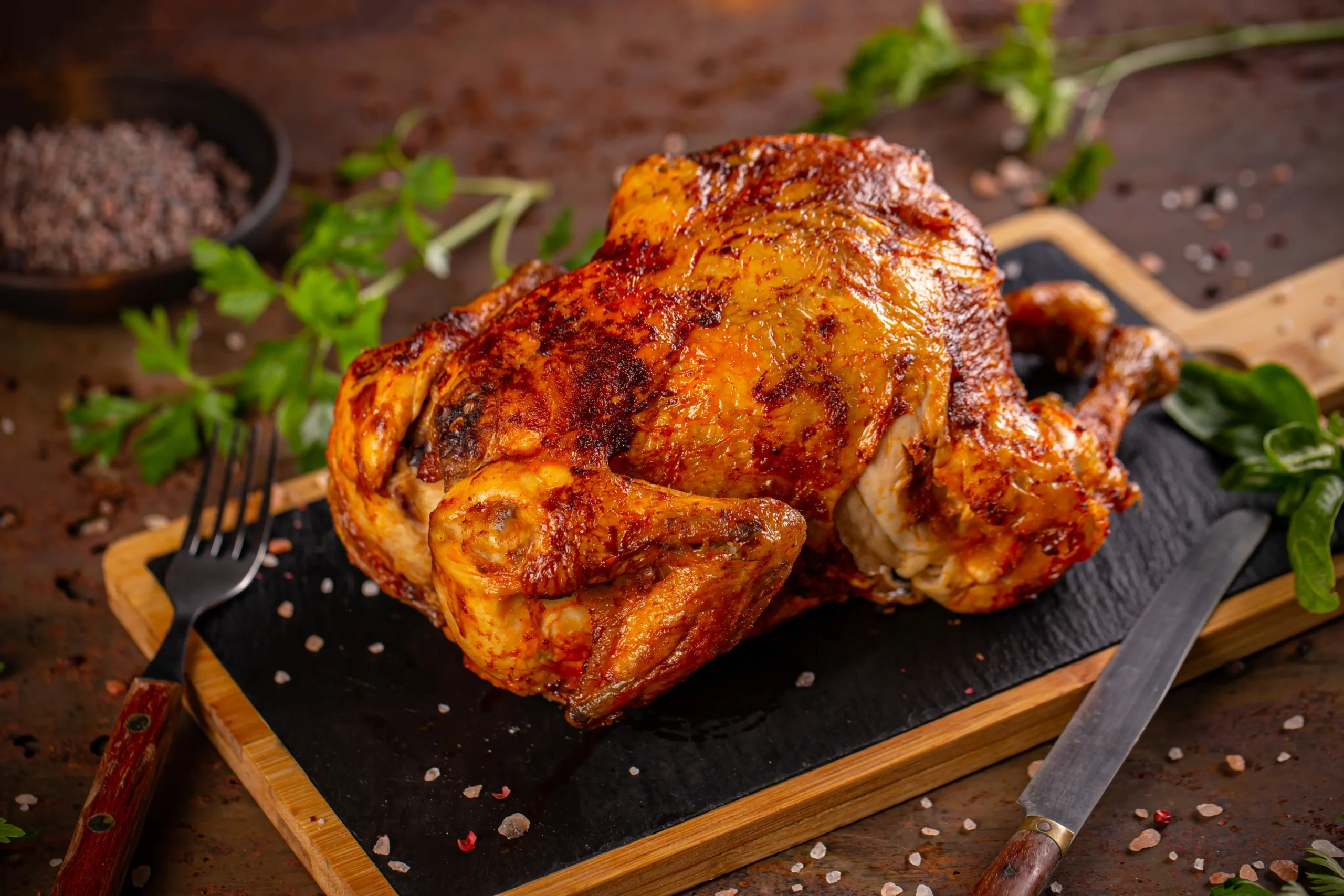 Perfectly roasted whole chicken on a black slate board with herbs and spices, garnished with fresh parsley, surrounded by rustic wooden cutlery