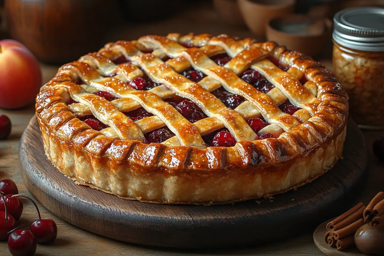 Homemade pie with a golden lattice crust and fresh fruits on a rustic table