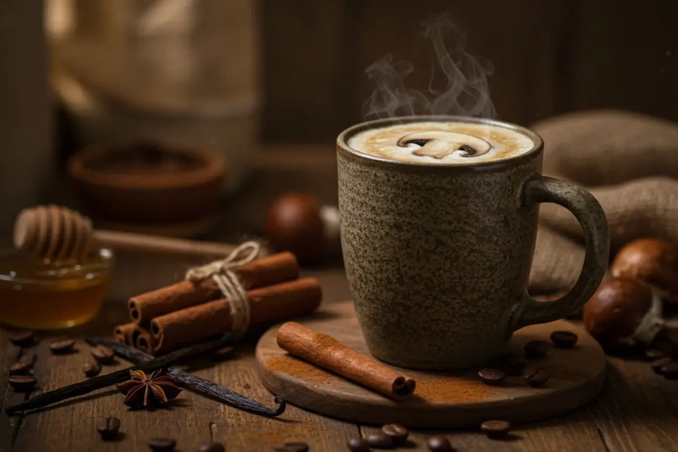 Steaming cup of mushroom coffee with natural sweeteners