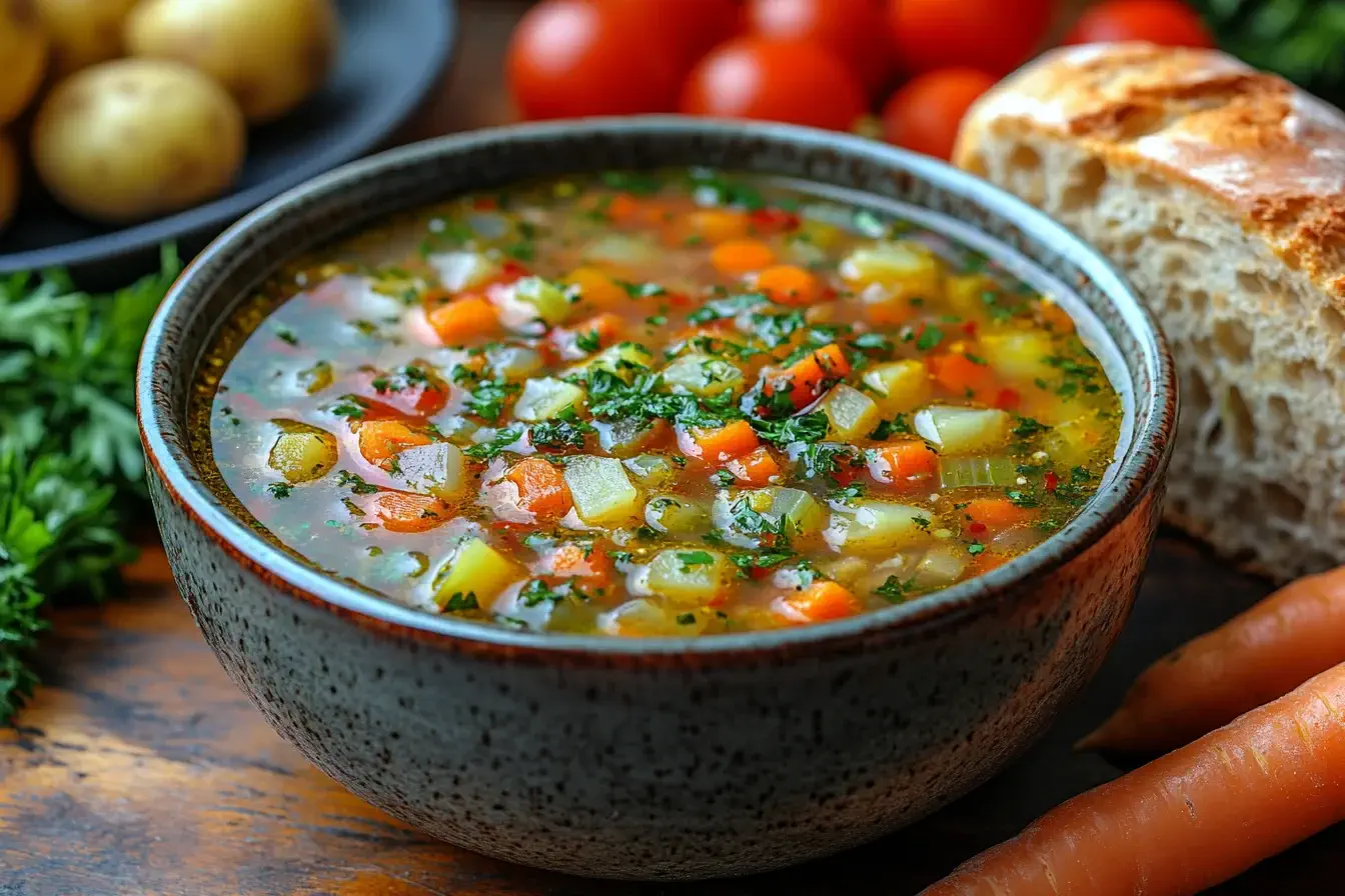 Steaming bowl of old-fashioned vegetable beef soup with fresh vegetables and bread