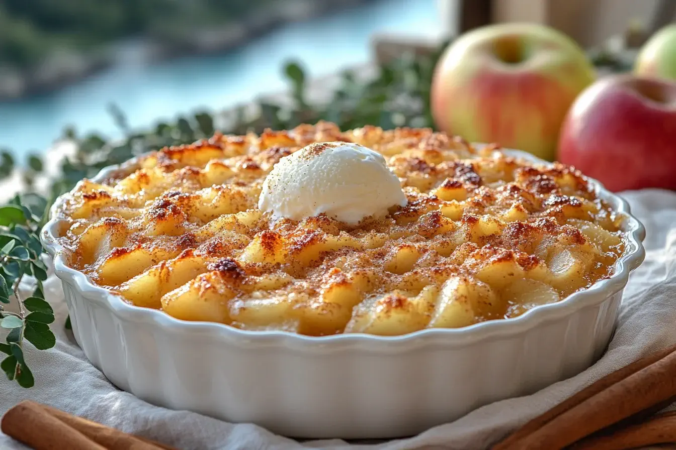 Freshly baked apple crisp with golden topping and melting ice cream.