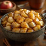 Pre-cooked apple pie filling in a bowl with caramelized apples and cinnamon