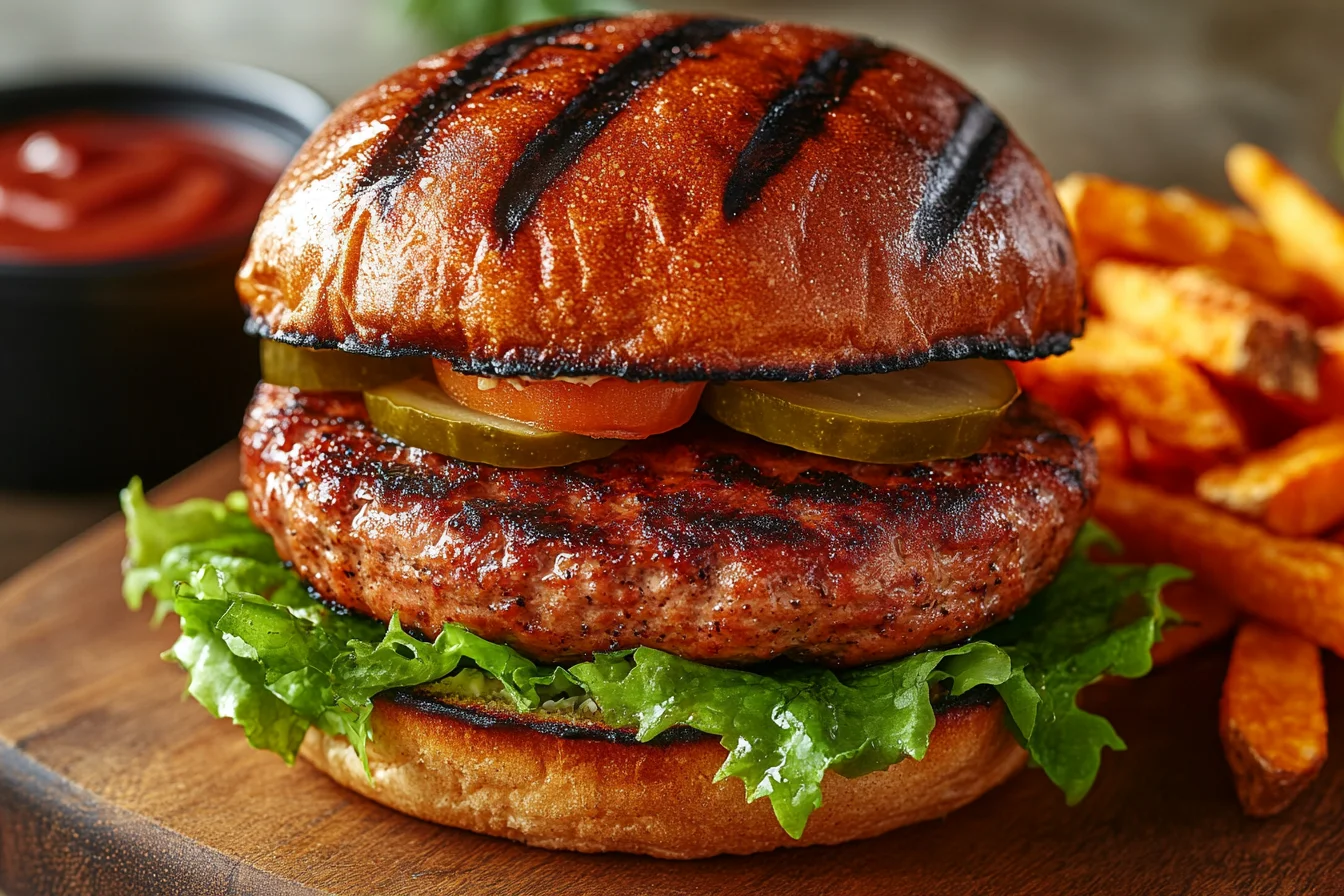 Juicy turkey burger on a brioche bun with lettuce and tomato