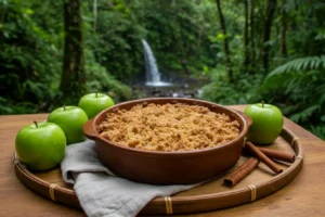 Homemade apple crisp with crispy topping on a rustic table