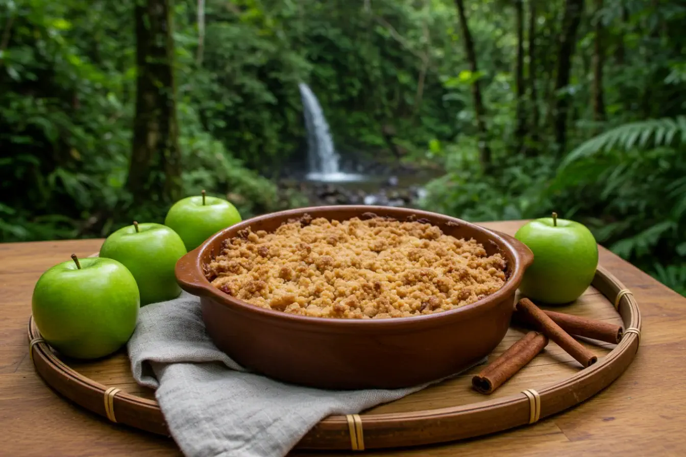 Homemade apple crisp with crispy topping on a rustic table