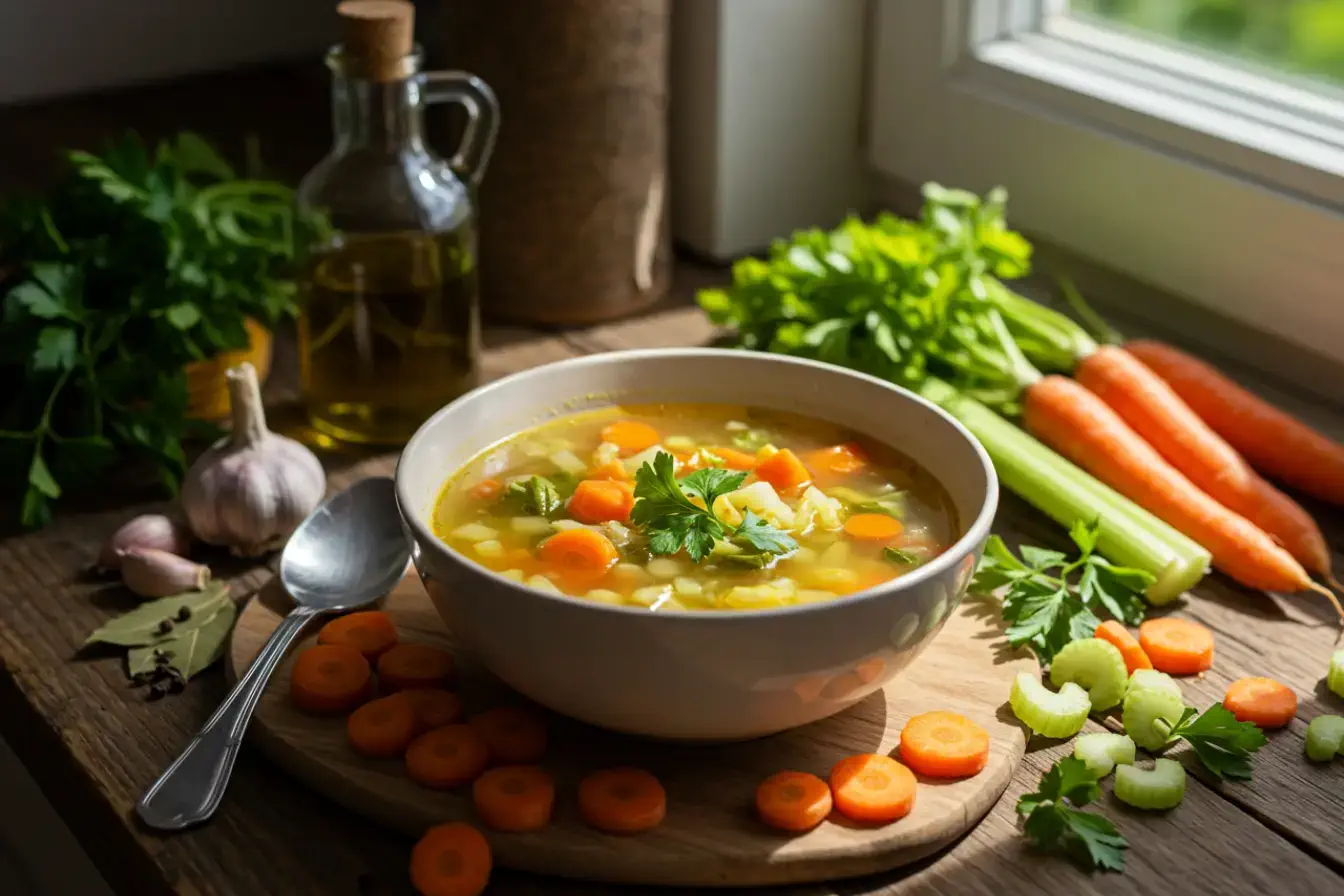 A steaming bowl of vegetable soup with fresh ingredients around it