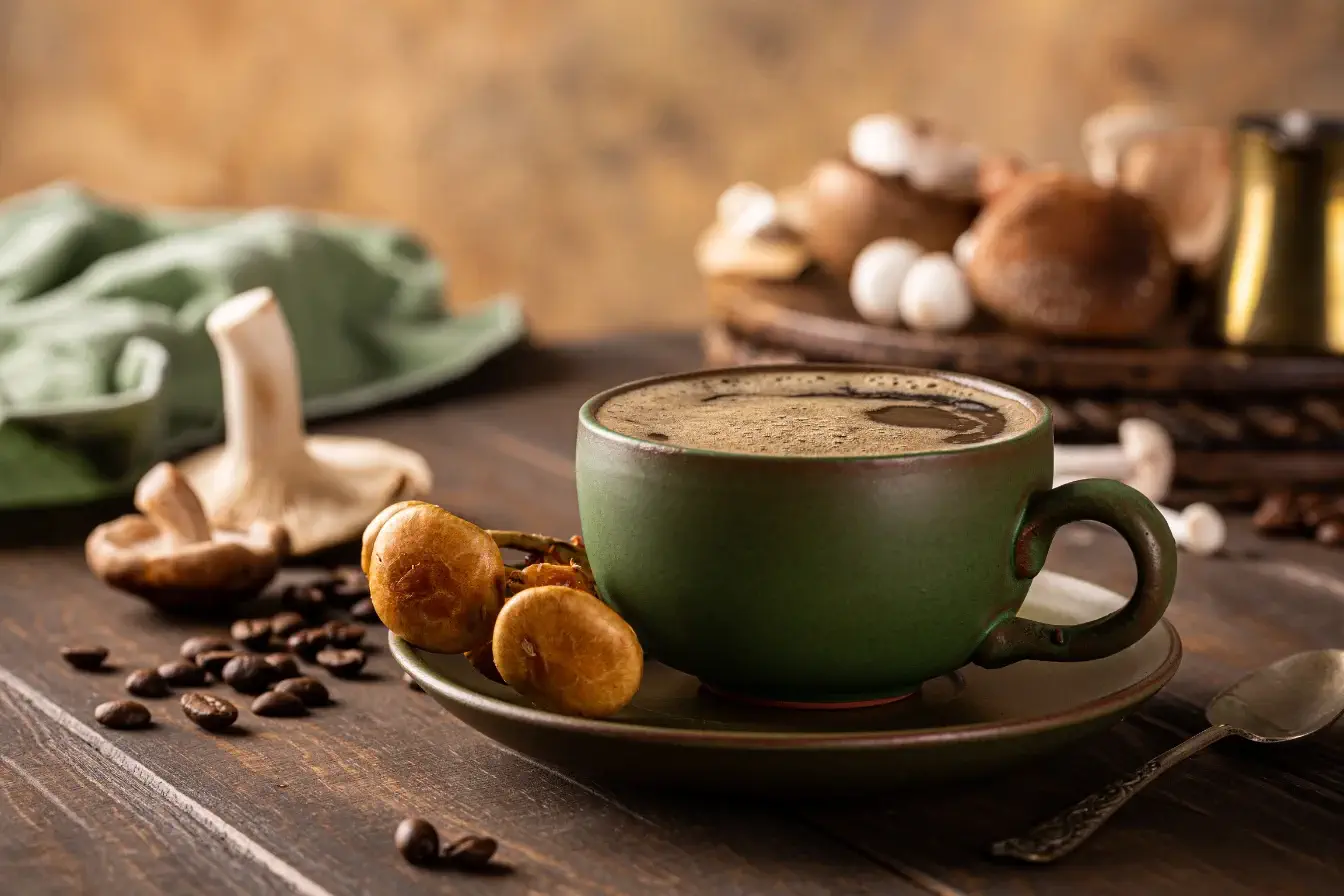 A steaming cup of mushroom coffee with natural ingredients