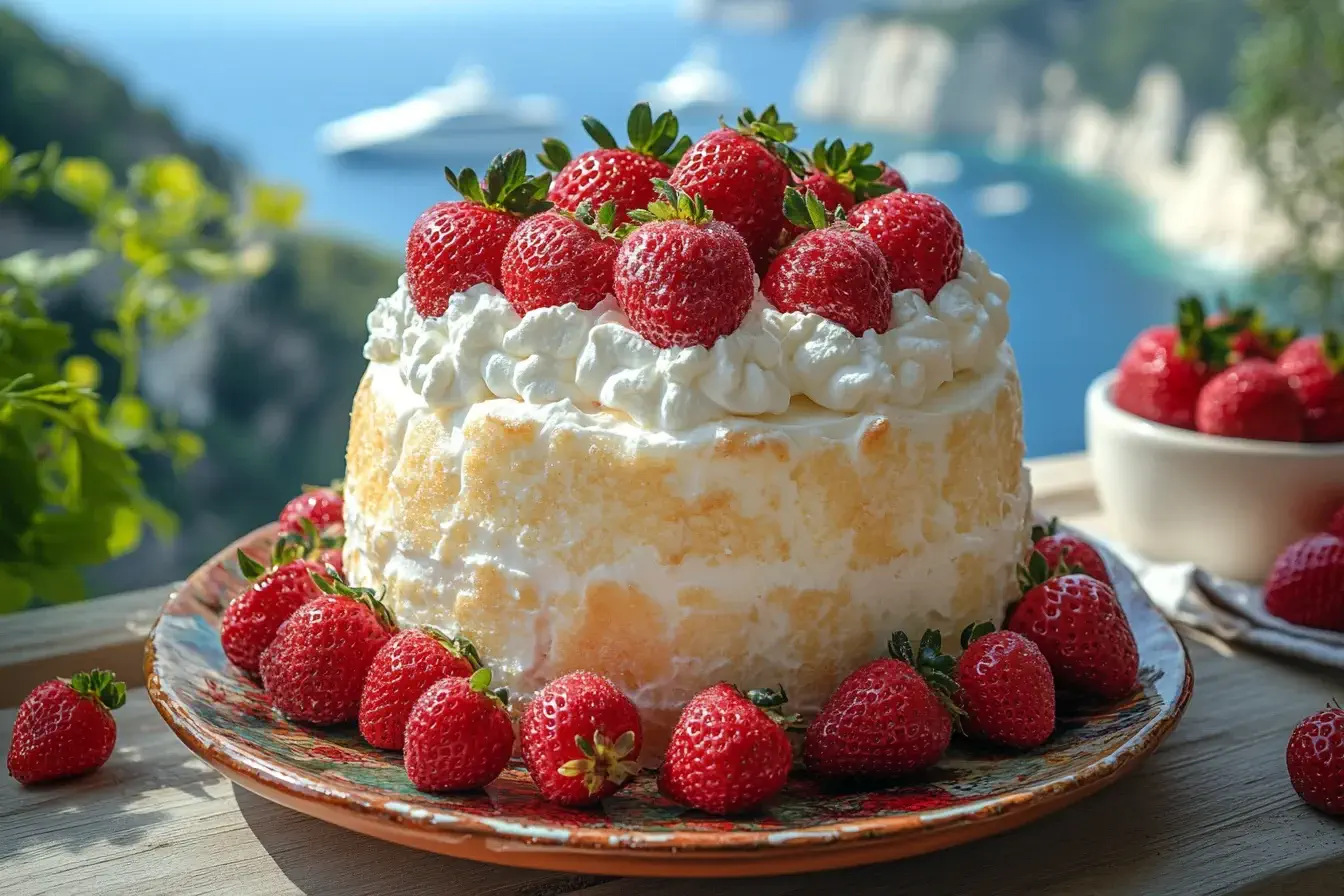 Whole store-bought angel food cake with strawberries and cream