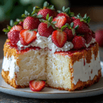 A slice of strawberry angel food dessert with whipped cream and fresh strawberries