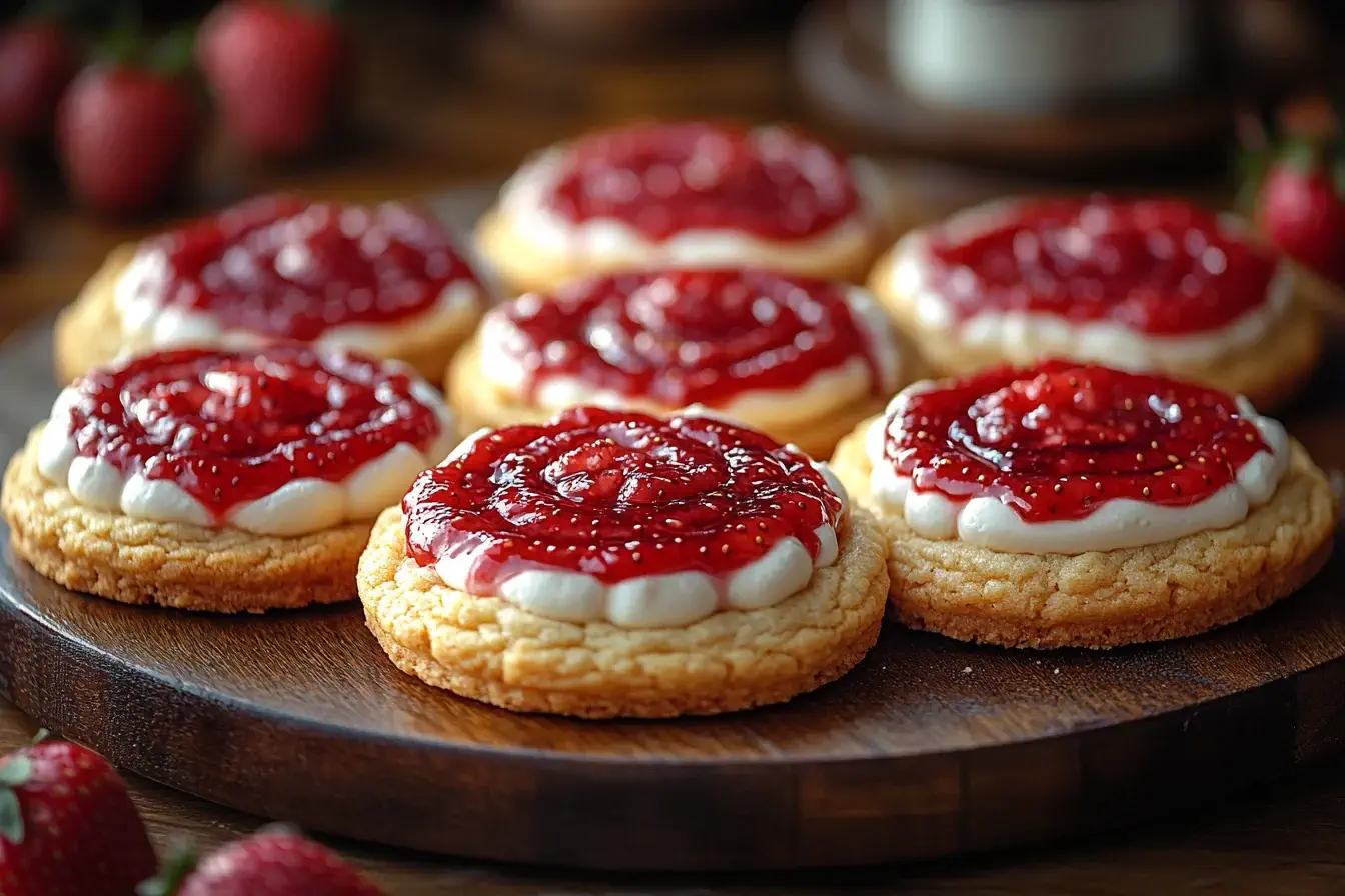 Golden-brown strawberry cheesecake stuffed cookies on a wooden tray