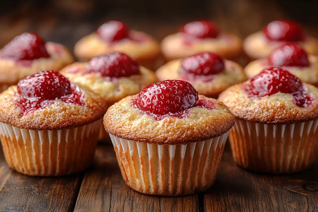 Freshly baked strawberry muffins on a rustic table