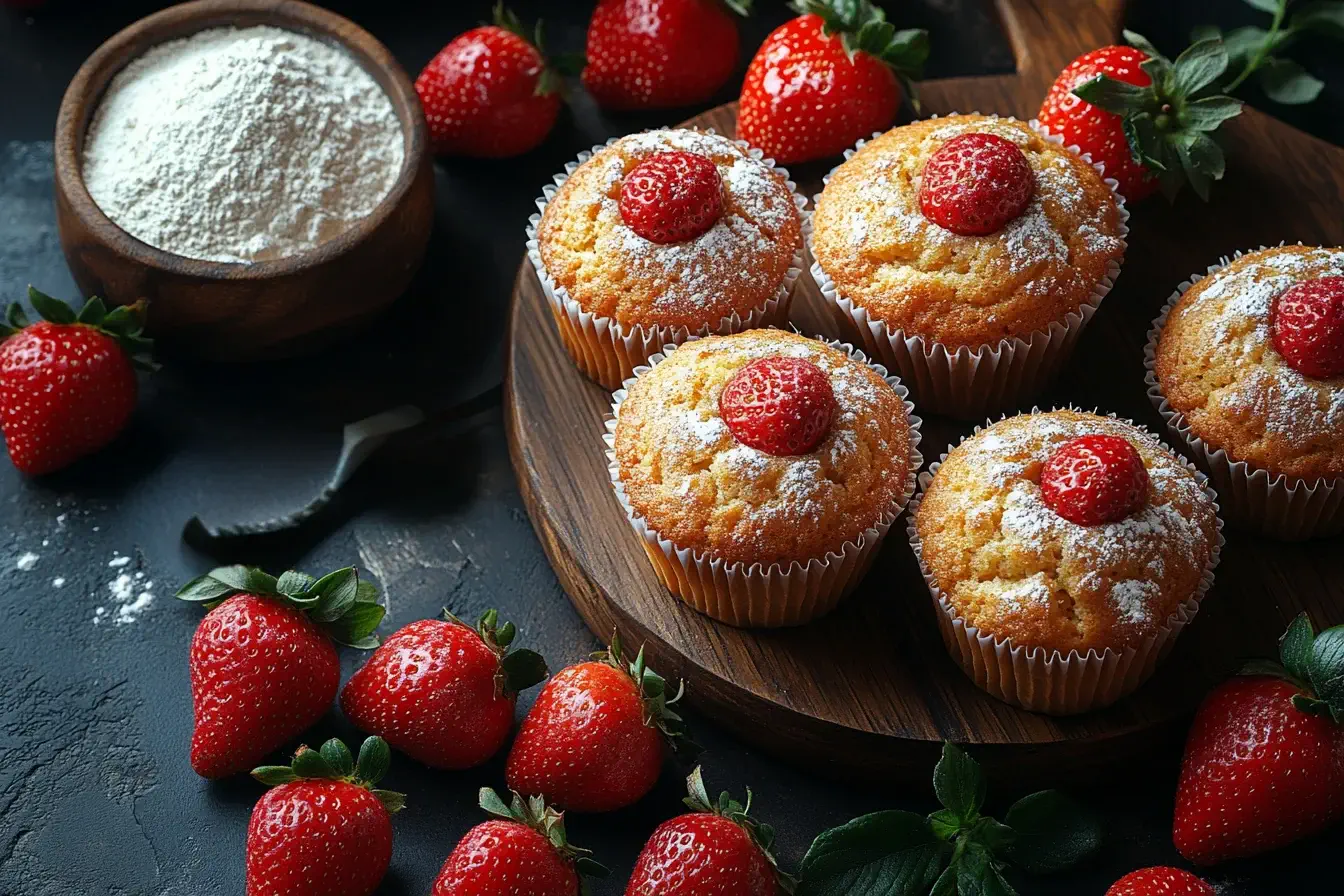 Freshly baked strawberry muffins with fresh strawberries and flour