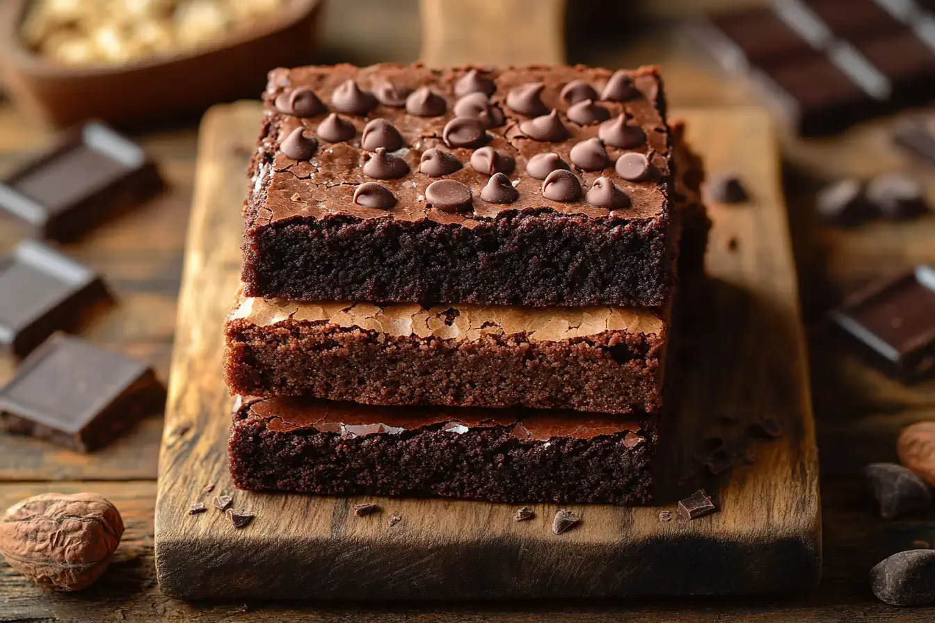 Close-up of three types of brownies: fudgy, cakey, and chewy.