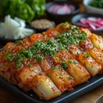 Close-up of traditional Korean kimchi garnished with sesame seeds.