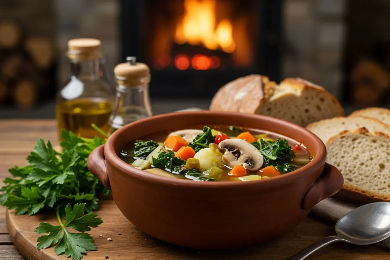 Steaming bowl of vegetable soup with fresh herbs and bread