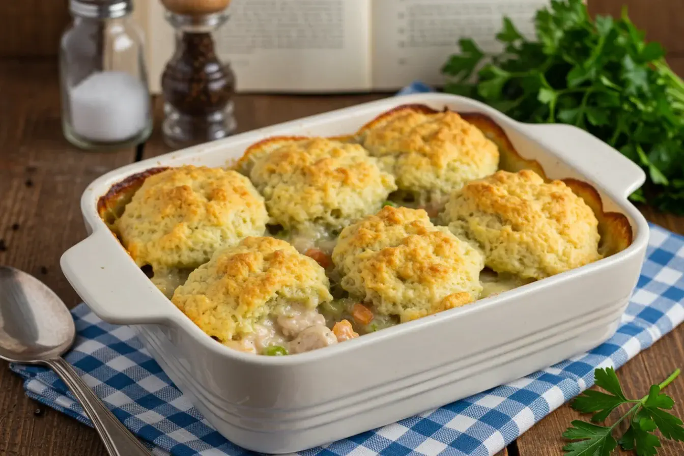 Golden brown chicken and dumpling casserole fresh from the oven